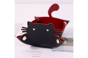 Cute Cat Shape Storage Tray Faux Leather Dice Tray Box Coin Desktop Jewelry Box Folding Key Watch Phone Storage Tray