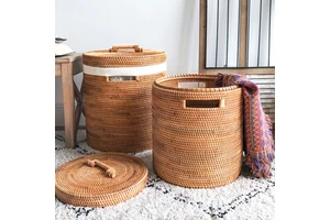 Handwoven Rattan Laundry Hamper with Lid & Liner Large Wicker Basket for Clothes Blankets Towels Storage Basket for Home Hotel
