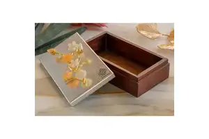 Indian Art Villa 20 cm Wooden Decorative Box with Silver-Plated Leaf Flower Design Jewelry Organizer or Multi-Purpose Storage