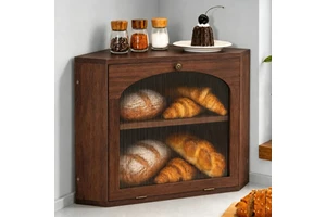 Retro Wooden Corner Bread Box 2 Tier Adjustable Shelf Magnetic Acrylic Door Bread Storage Countertop Bread Bin Kitchen Organizer