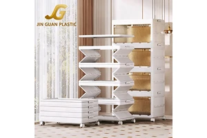 JIN GUAN No-Assembly Space-Saving 3 Tiers Foldable Organizer Portable Closet Large Plastic Storage Containers Bins with Door