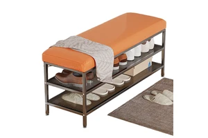 Storage Bench Shoe Changing Stool Stainless Steel Frame Cushioned Seat Double Tier Multi-Tier Organizer Rack for Living Room