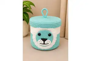 Lion Motif Blue Woven Cotton Rope Basket with Lid Safari Nursery Toy Storage Fringe Mane Baby Hamper Boutique Artistry By PR
