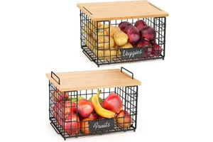 Kitchen 2 Pack Stackable Wire Baskets With Bamboo Lid Cutting Board Pantry Organizer