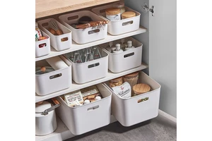 White Basket Storage Box with Handle Plastic Storage Box Durable and Strong Home Organization