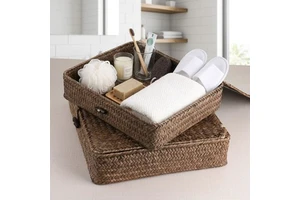 CF Wholesale 2 Piece Handwoven Rustic Seagrass Storage Baskets Lidded Rectangular Decorative Bathroom Woven Organizer Bin Set