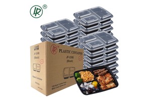 Black 150 Pack 3 Compartment Microwavable Stackable Disposable Plastic Food Container