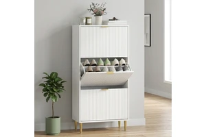 Cedar Space Entryway Shoe Cabinet With 3 Compartments Ribbed Panel Doors Hidden Storage for Mudroom Home
