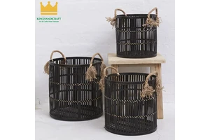 Elegant Black Rattan Storage Basket with Rope Handles Handmade Vietnam Kinghandicraft Vietnam Model Rattan Basket for Wholesale