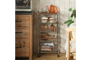 SHIMOYAMA 4-Tier Rolling Utility Kitchen Cart Rack Island Cart with Storage Basket Metal Dish and Bowl Storage on Wheels