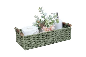 Modern Minimalism Green Paper Rope Storage Basket Wicker Basket Rectangular Wicker Tray With Handle