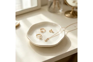 Geometric Multi-Sided Ceramic Jewelry Tray Gold Trim Decorative Cosmetic Storage Tray for Bedroom Bathroom