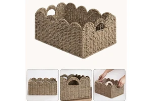 YULIN JIAFU Scalloped Edge Wicker Basket, Hand-woven Rattan Baskets with Built-in Handles, Seagrass Basket for Organizing