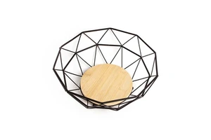Nordic Simple Wrought Iron Ten-Sided Hollowed Bamboo Wood Fruit Basket Tray Desktop Storage