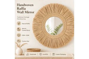 H&T 2026 OEM Raffia Grass Home Decor Mirror Hand Bread Flower Picnic Handmade Woven Custom Straw Wicker Rattan Storage Basket