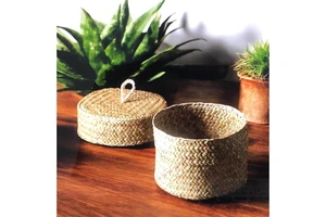 Decorative Woven Storage Basket With Lid Bedroom Wicker Wicker Storage Box Bathroom Storage Basket Handmade Sea Grass Organizer