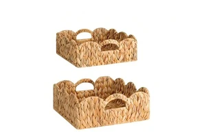 Water Hyacinth Storage Basket Set of 3 Hand-woven Rectangular Scalloped Edge Organizer with Arched Handles for Home Decor