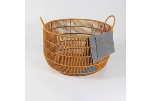 Round PP Plastic Rattan Woven Storage Basket Faux Wicker Laundry Hamper With Handles For Bathroom Bedroom Home Organizer