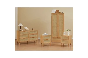 Wholesale Boho Style Rattan Bedroom Set Wooden Rattan Wardrobe Nightstand Dresser Furniture For Apartment Hotel Home Project