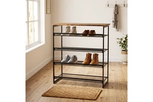 Industrial 4-Tier Shoe Rack with Wooden Top Adjustable Metal Mesh Shelf Durable Iron Storage Organizer for Entryway Living Room