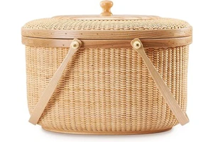 Rattan Baskets With Lid and Wood Handles Cane-on-cane Rattan Storage Basket Picnic Basket Outdoor Wicker Basket