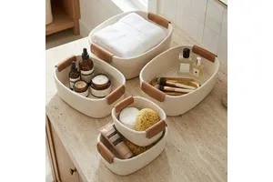 CF 5 Piece Nestable Rectangular Cotton Rope Storage Basket Set PU Leather Handles Woven Organizer Bins For Nursery Bathroom