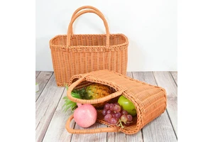 Factory Hot Sale Handmade Braided Outgoing Portable Rattan Picnic Rattan Shopping Braided Basket