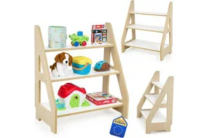 Wooden Modern Minimalist Multi-purpose Bookshelf and Toy Rack with Three-tier Storage for Building Blocks