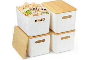 4-Piece Bamboo Lid Storage Bins White Stackable Plastic Containers for Organizing Desktop Closet Playroom Classroom Office