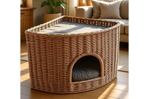 Handwoven Wicker Rattan Corner Cat House Bed Cave Removable Soft Cushion Pad Solid Fashion Indoor Natural Eco-Friendly Basket
