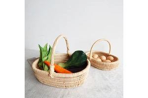Wicker Rattan Organizer Baskets Handled Wooden Picnic Basket Home Decor Rattan Woven Fruits Storage Basket