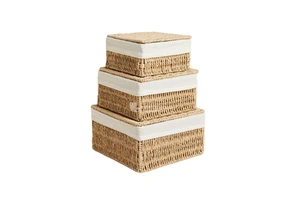 Set of 3 Double Tier Stainless Steel Straw Paper Rope Storage Baskets with Lids for Bathroom Clothing Eco-Friendly Home Decor