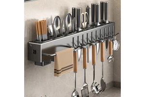 Cooking Utensils Holder Wall Mounted Storage Organizer Kitchen Knives Rack Smart Kitchenware Organizer with Steel Hooks