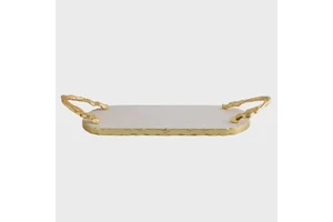 Luxury White Marble Storage Tray with Gold Leaf Handles for Jewelry & Coffee Table Organization