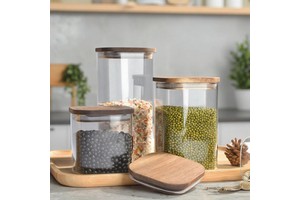 High Borosilicate Glass Square Storage Jar Set With Acacia Lid And Cover 0.5-1L Capacity For Kitchen Food Storage