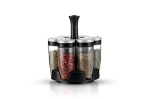 Kitchen Rotatable Revolving Rack Glass Spice Jar with Magnifier Lid Seasoning Container Storage Holder Set