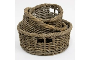 New Modern Minimalist Wholesale Set Of Three Natural Rattan Woven Storage Baskets Rustic Round Wicker Organizer Bins Cutout Rims