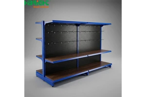 Large Scale Production Double Sided Gondola Shelving With Pegboard Back Panel Metal Hooks Wood Grain Layer For Supermarket