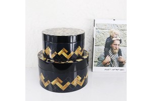 Large Round Wooden Colorful Jewelry Box Mosaic Geometric Pattern Lidded Trinket Storage Case for Bedroom Dresser Decor