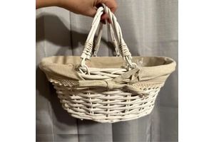 Elegant White Handwoven Rattan Basket, Multipurpose Natural Basket With Handles for Picnic Storage and Home Decoration