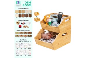 BH 2 Tier Organize Basket Box Countertop Open Front Stacking Bins Bamboo Stackable Storage Bin For Cabinet Kitchen Studio Office