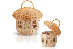 Handmade Eco-Friendly Vintage Rattan Wicker Multifunction Mushroom Storage Basket for Children's Toys