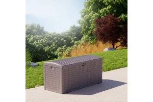 High Quality Portable Plastic Storage Box Waterproof Resin Rattan Look Outdoor Lockable Patio Use Stocking Cushions Toys Tools