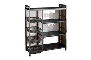 Multifunctional Kitchen Organizer Metal Vegetable Basket Trolley Movable Rolling Cart with Microwave Oven Storage Rack