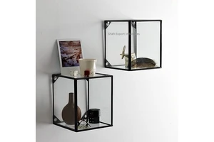 Square Shape Metal and Glass Black Finished Wall Hanging Display Box Shelves Storage Cabinet for Home Decoration