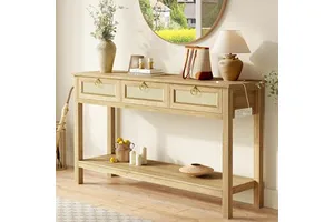 Antique Rattan Console Sofa Table With Drawer Entryway & Foyer Hallway Storage