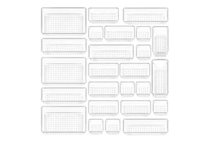 25PCS Clear Plastic Drawer Organizer Trays Set 4-Size Versatile Bathroom Vanity Drawer Organizer Tray
