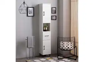 190cm Tall Modern Ravenna Three-Layer Storage Unit in White Oak for Living Room with 2 Doors and a Drawer