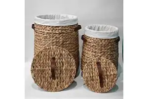 JY 2 Sets Large Round Wicker Basket for Clothes Storage Water Hyacinth Rattan Hamper Woven Laundry Hamper with Lid