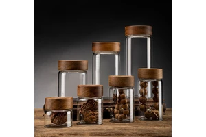 Home Kitchen Storage Bottles Jar Thread Wood Lid Sealed Food Container Tea Coffee Beans Grains Candy Glass Jars